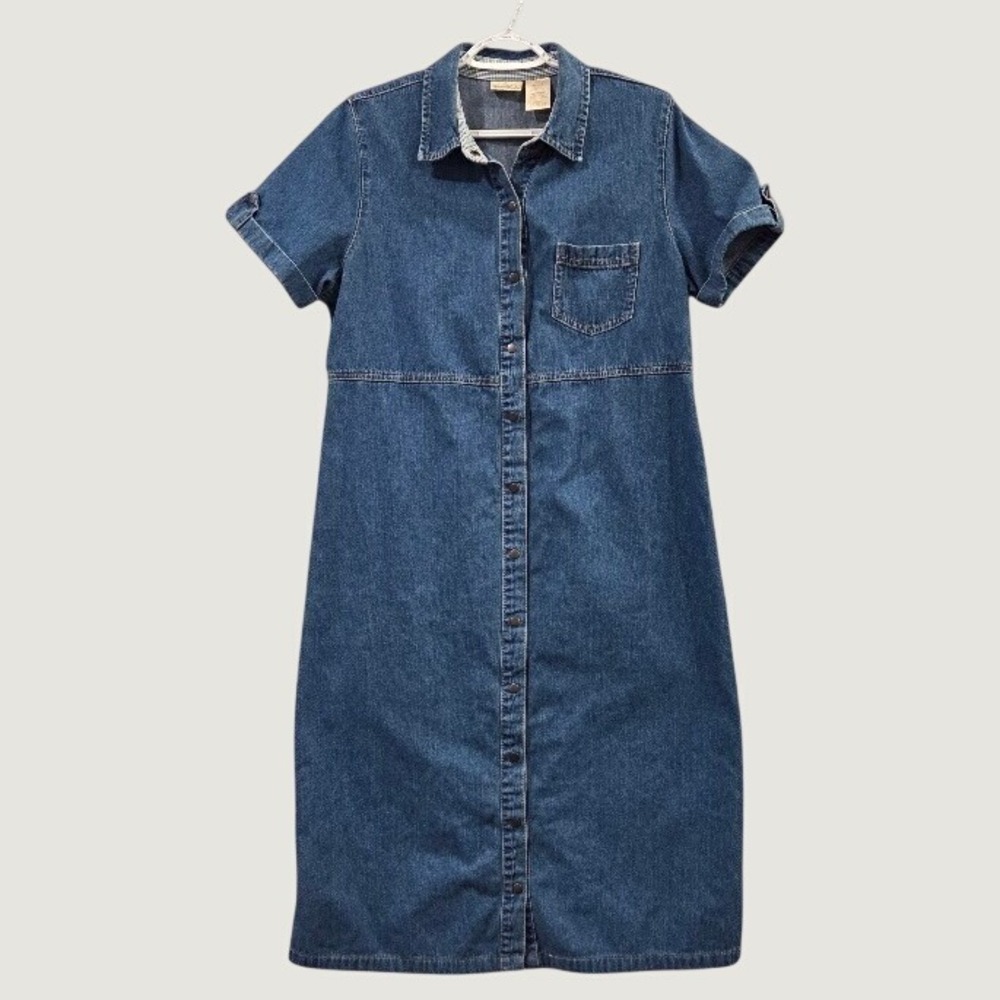 Bobbie Brooks Denim Midi Shirt Dress Women's Large 12/14 Blue Snap Front Vintage